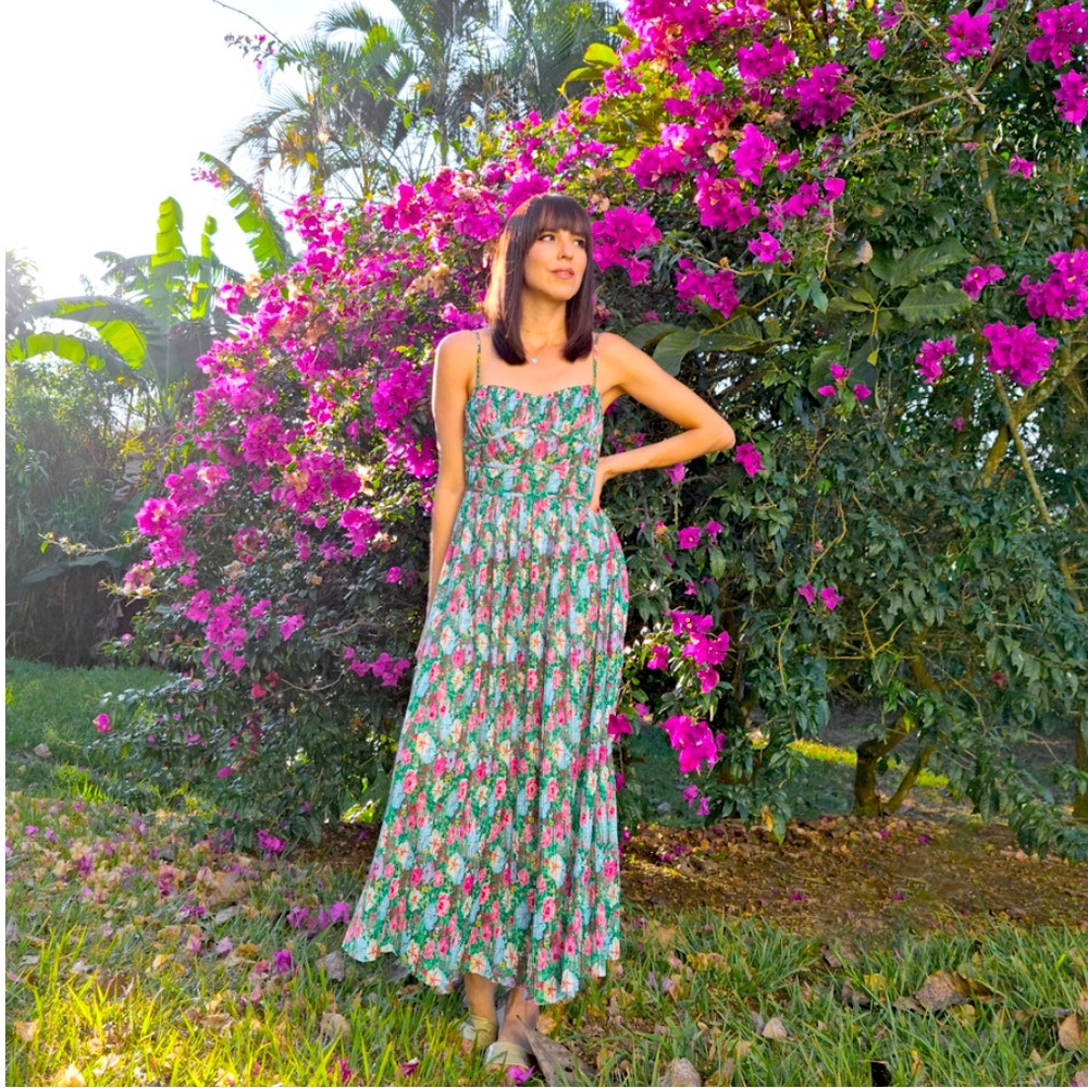 Zara Floral Midi Dress - Green and Pink